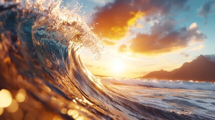Wall Mural - a large wave breaking in the ocean at sunset