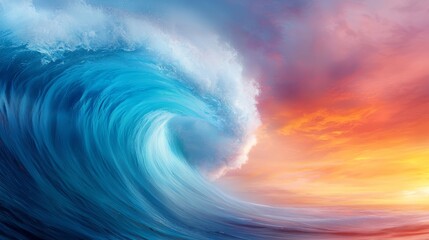 Wall Mural - a large blue wave in the middle of the ocean at sunset