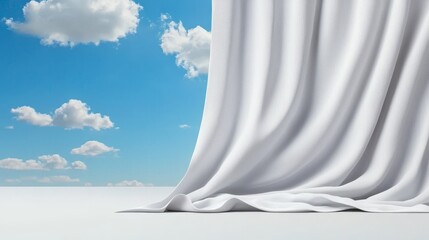 Wall Mural - a white curtain with a blue sky and clouds in the background