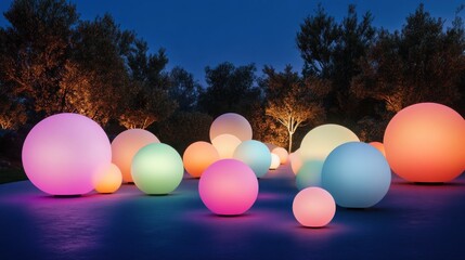 Poster - Illuminated spheres illuminate a tranquil outdoor setting at night