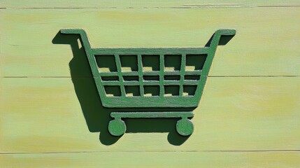 Poster - Green Shopping Cart Icon On Wooden Surface