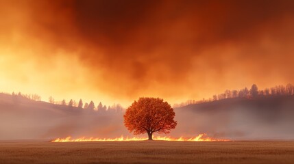Wall Mural - a lone tree in the middle of a field with a fire in the background