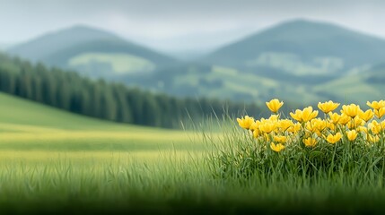 Canvas Print - A field of yellow flowers in the middle of a green field