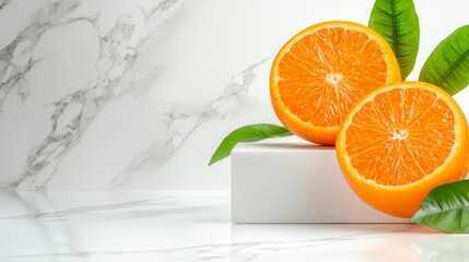 Wall Mural - Two halves of an orange with leaves on a marble surface