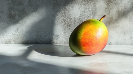 Poster - A Single Ripe Mango Rests On A Light Grey Surface