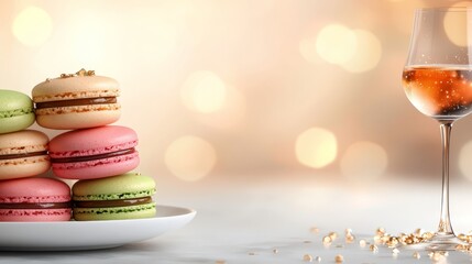 Wall Mural - A plate of macarons and a glass of wine on a table