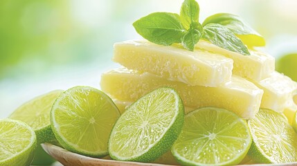 Wall Mural - A bowl of sliced limes with a mint leaf on top