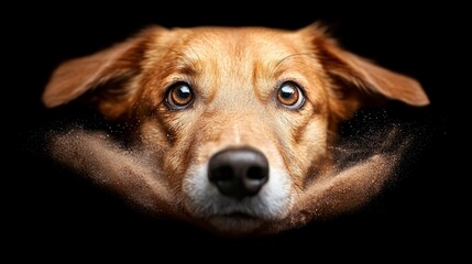 Wall Mural - A brown dog peeking out from behind a black background