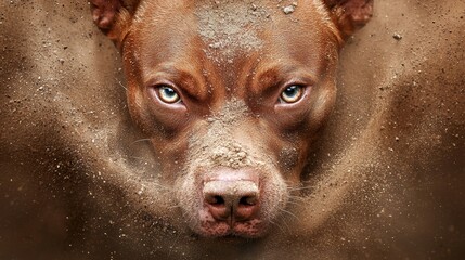 Wall Mural - A brown dog with blue eyes peeking out of the sand