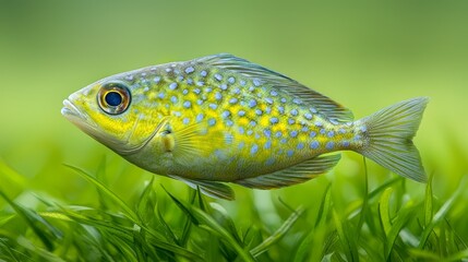 Wall Mural - A yellow and blue fish swimming in the grass