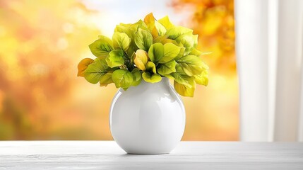 Wall Mural - A white vase with green leaves in it on a table