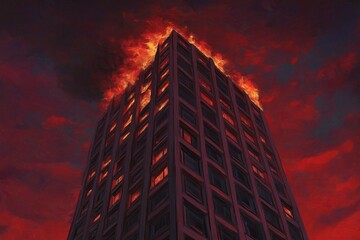 Fototapete - A skyscraper dissolving into a fiery sunset, its structure painted in bold, chaotic strokes