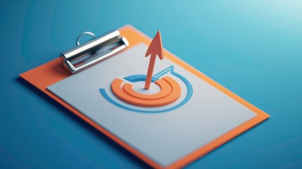 Aufkleber - A 3D clipboard icon featuring business goals and project plans, by fast progress and analytical concepts, The icon shows an arrow hitting the center of a target, representing checklist completion