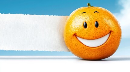 Wall Mural - An orange with a smiley face holding a piece of paper