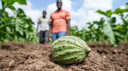 Wall Mural - A man and a woman walking in a field with a large green fruit