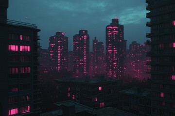 Poster - A sunset over a city skyline, with distorted, glowing buildings melting into the horizon.
