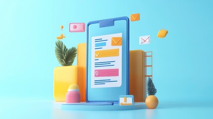 Fototapete - A 3D vector illustration of a mobile application form, the process of filling out an online mortgage or credit claim via a smartphone, It also represents survey submissions or document applications