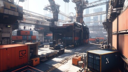 Poster - Futuristic Industrial Port City Cargo Cranes And Containers