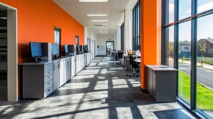 Poster - Modern office hallway with computers and large windows