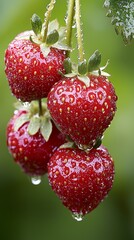 Wall Mural - A bunch of ripe strawberries hanging from a tree branch