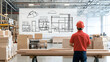 © Lailatul - Warehouse worker reviewing building plans, construction, logistics, storage, industry background, for manufacturing, architecture, or industrial design articles.