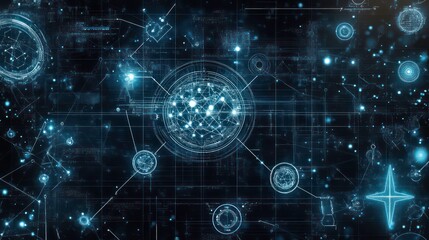 Poster - a digital blueprint-style background with glowing white medical symbols.
