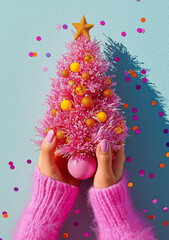Wall Mural - Hands holding a festive pink Christmas tree with golden decorations against a blue wall. A playful and vibrant celebration of holiday cheer.