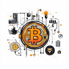 Poster - Stylized illustration featuring a Bitcoin symbol surrounded by digital elements and networks.