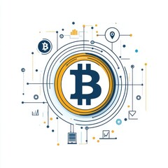 Poster - Illustration of Bitcoin symbol surrounded by digital finance elements in blue and yellow.
