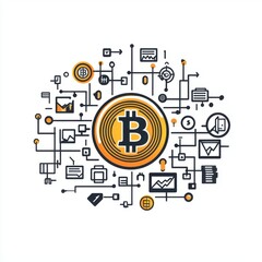 Poster - Stylized illustration of a Bitcoin symbol surrounded by digital graphics and financial elements.