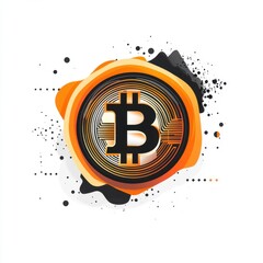Poster - Stylized Bitcoin logo with vibrant orange and black abstract background, representing digital currency innovation.