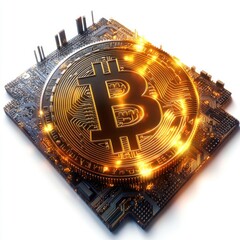 Poster - A shining golden Bitcoin symbol on a circuit board, representing digital currency and technology innovation.