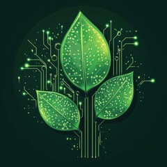 Poster - Futuristic green leaves with glowing circuitry, symbolizing the blend of nature and technology.