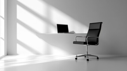 Wall Mural - Minimalist modern office interior with black leather chair and laptop on a white desk.