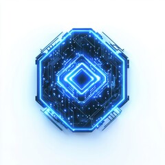 Fototapete - Futuristic hexagonal circuit design with glowing blue lights and intricate patterns.