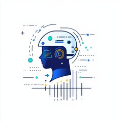 Poster - Digital illustration of a futuristic humanoid with a tech-inspired helmet, embodying innovation and creativity.