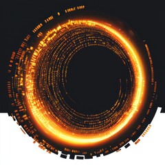 Fototapete - Abstract circular digital design with glowing orange patterns set against a dark background.