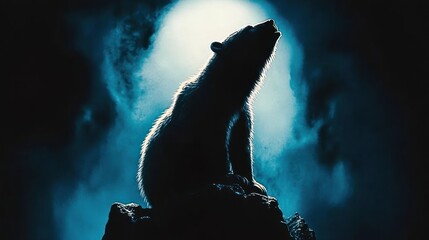Wall Mural - Majestic polar bear silhouetted against a moonlit, smoky night sky, perched atop a rock.