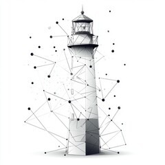 Poster - Stylized monochrome lighthouse illustration surrounded by abstract geometric lines and dots.