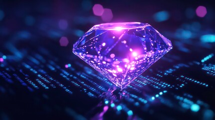 Fototapete - A glowing violet and blue diamond symbolizes digital wealth, crypto, and NFT ownership, Subtle binary code overlays enhance the futuristic theme, representing blockchain technology