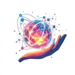 Poster - a colorful hand illustration holding a glowing atomic model, symbolizing science and innovation.