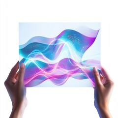 Poster - Two hands holding a translucent sheet displaying vibrant, flowing abstract wave patterns in shades of blue and pink.