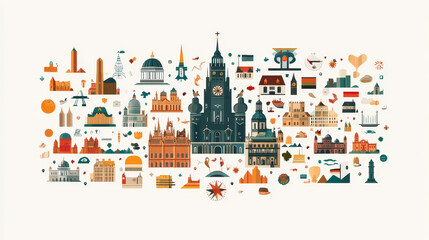 Wall Mural - Germany travel and culture flat icons with national architecture  and landmarks, food and drinks, nature and industry, flag and map, culture and history elements