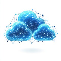 Poster - Stylized blue digital clouds with glowing connections, representing modern cloud technology.