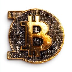 Poster - A shiny gold Bitcoin symbol over a circuit board background, symbolizing digital currency innovation.