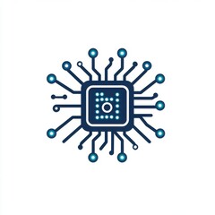 Poster - Abstract blue microchip design with branching circuit connections on a white background.