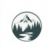 © Espresso - A serene illustration of a mountain landscape, featuring a river and pine trees in a circular design.