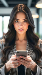 Poster - Focused businesswoman reading news on smartphone in office