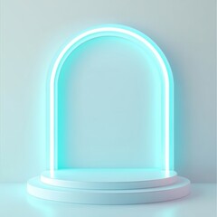 Poster - A minimalist podium with a glowing turquoise arch, perfect for showcasing products or performances.