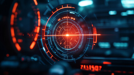 Poster - Military HUD target aim control and radar screen, futuristic dashboard. Sci Fi spaceship gun crosshair vector virtual display. Pilot viewfinder futuristic dashboard frame or game UI target aim screen